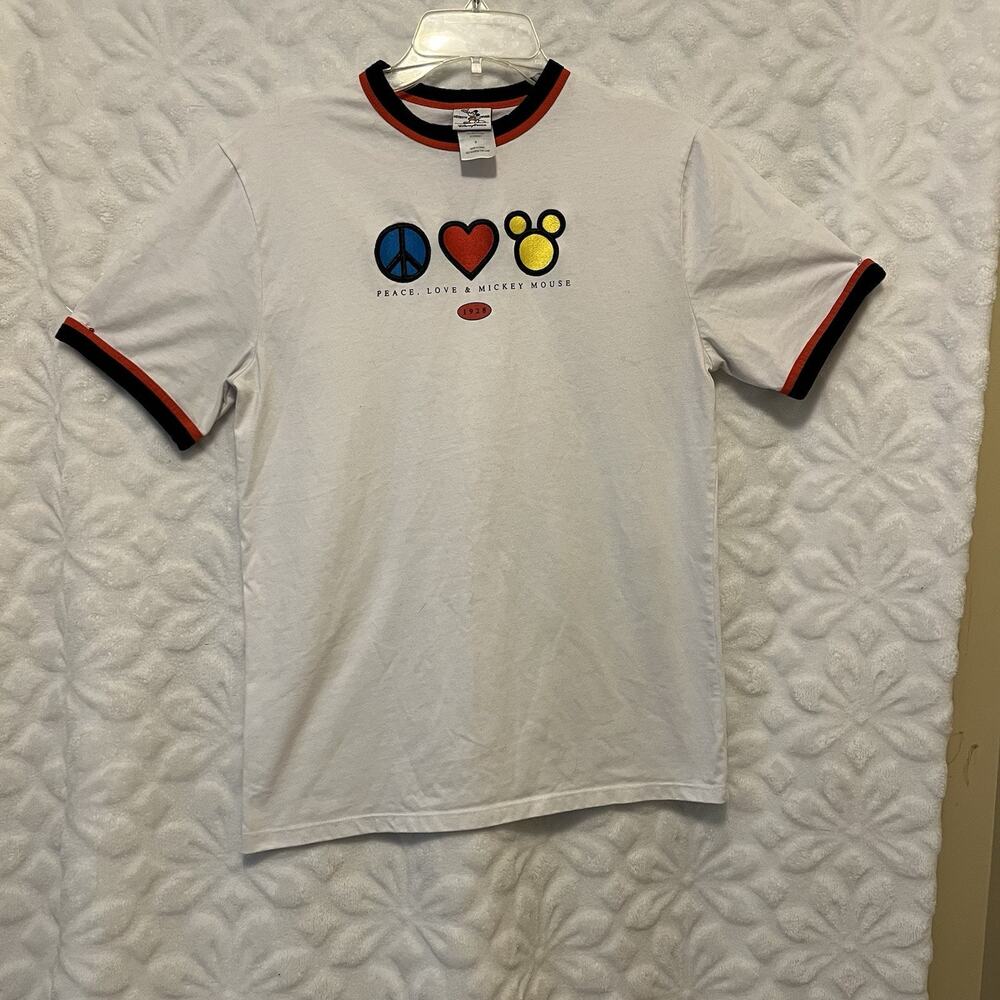 Walt Disney World T-Shirt PEACE LOVE & MICKEY MOUSE Ringer Sleeve ADULT Small